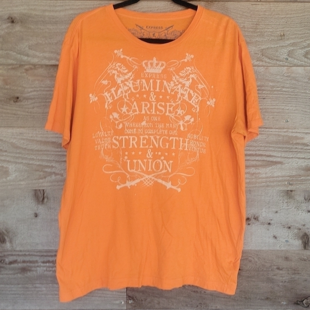 Express Men Orange Graphic Tee with White Writing Size XLarge